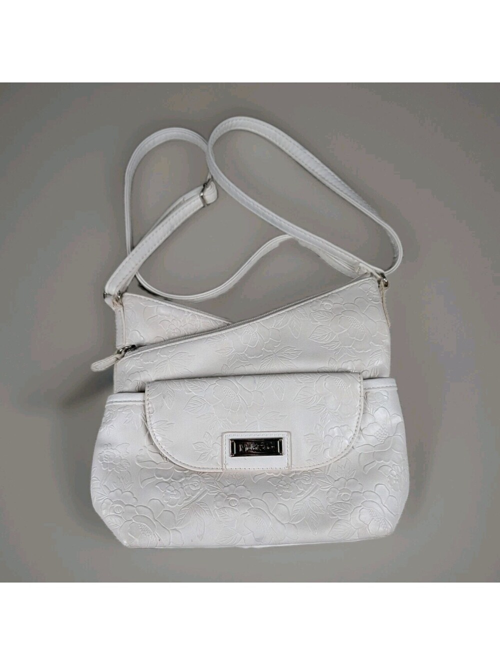 MultiSac Womens White Floral Embossed Crossbody Organizer Shoulder Purse Bag Zip